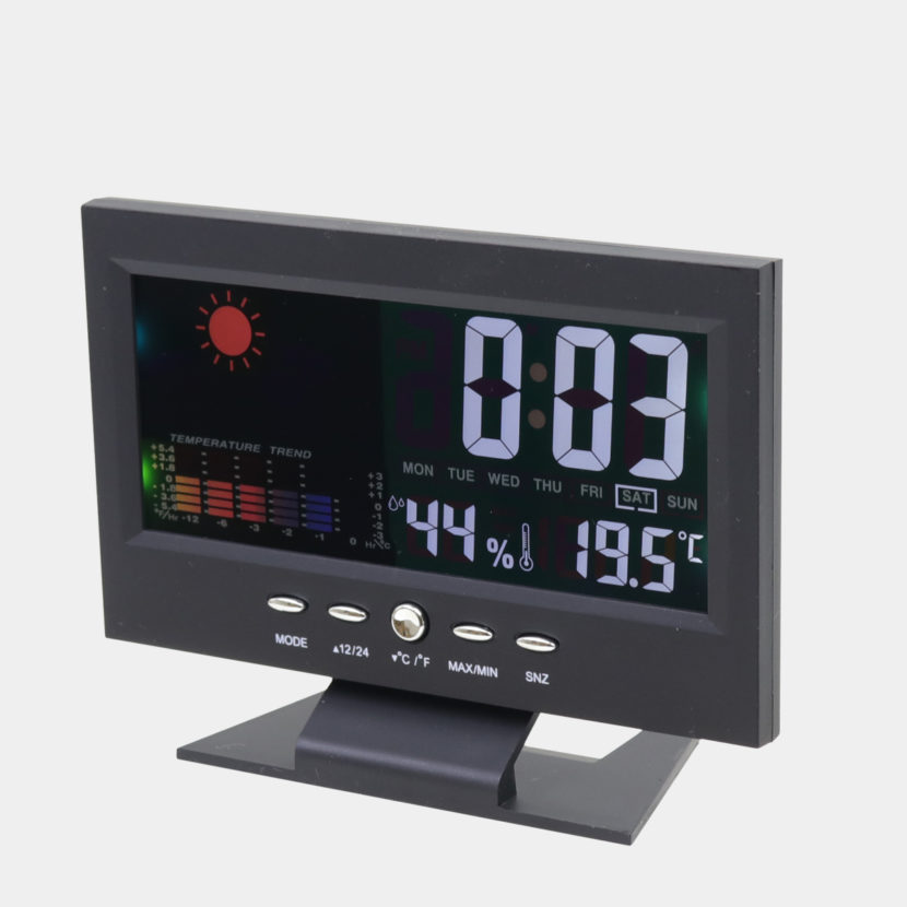多機能デジタル時計 スヌーズ付アラーム 温度計 湿度計 天気 カレンダー機能付き
